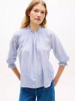Ruffle-Trimmed Pintuck Voile Shirt-Banker Stripe Ecru/Blue Orbit