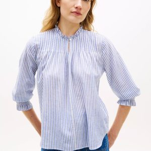 Ruffle-Trimmed Pintuck Voile Shirt-Banker Stripe Ecru/Blue Orbit