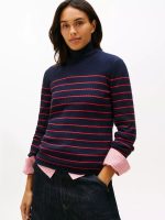 Stripe Rib-Knit Turtleneck Sweater-Navy