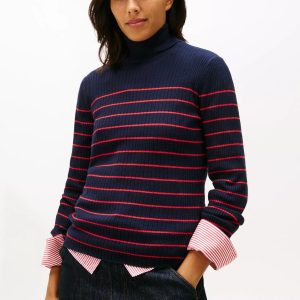 Stripe Rib-Knit Turtleneck Sweater-Navy