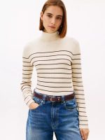 Stripe Rib-Knit Turtleneck Sweater-Ivory Stripe