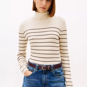 Stripe Rib-Knit Turtleneck Sweater-Ivory Stripe