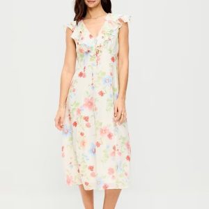 Ruffle-Sleeve Fit & Flare Midi Dress-White Floral