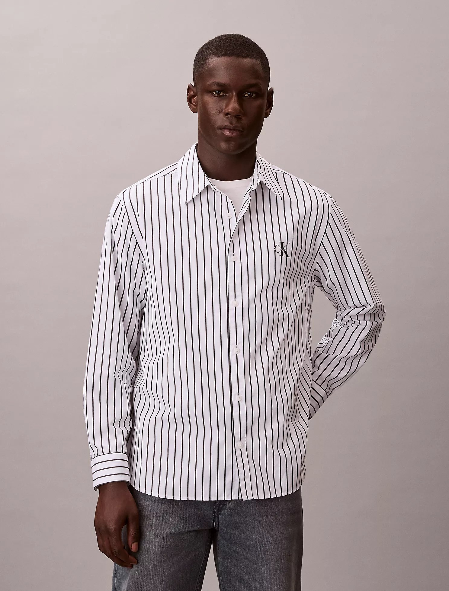 Washed Poplin Stripe Button-Down Shirt-Brilliant White