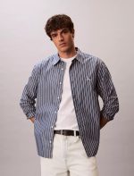 Washed Poplin Stripe Button-Down Shirt-Dark Denim