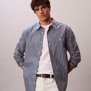 Washed Poplin Stripe Button-Down Shirt-Dark Denim