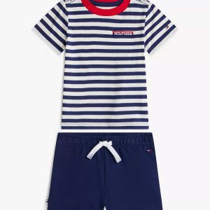 Babies' Striped T-Shirt & Short Set-Preppy Navy / Ivory Silk