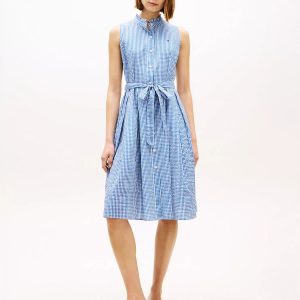 Belted Gingham Seersucker Midi Dress-Blue Gingham