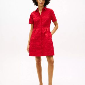 Embroidered Eyelet Poplin Shirtdress-Primary Red
