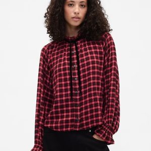 Relaxed Ruffle Top-Red Plaid