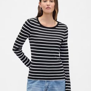 Modern Ribbed Stripe Crewneck T-Shirt-Black White Stripe