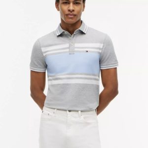 Slim Fit Block Stripe Stretch Pique Polo-Grey Heather/Blue