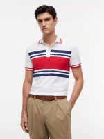 Slim Fit Block Stripe Stretch Pique Polo-White/Primary Red