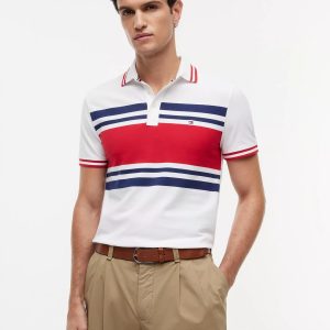 Slim Fit Block Stripe Stretch Pique Polo-White/Primary Red