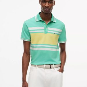 Slim Fit Block Stripe Stretch Pique Polo-Light Jade Green/Yellow