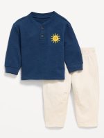 Long-Sleeve Henley Top and Barrel-Leg Pants Set for Baby-Obscure Night