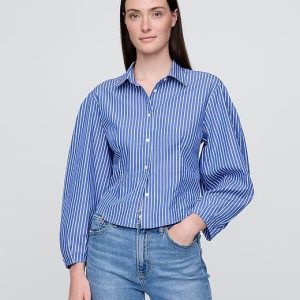 Organic Cotton Poplin Balloon-Sleeve Shirt-Blue & White Stripe