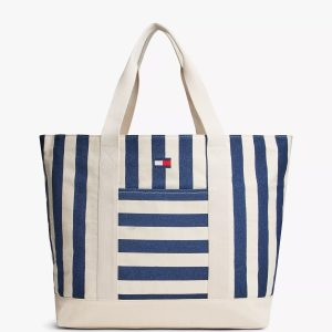 Men Nautical Stripe Canvas Tote Bag-Natural/Carbon Navy