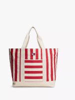 Men Nautical Stripe Canvas Tote Bag-Natural/Medium Red
