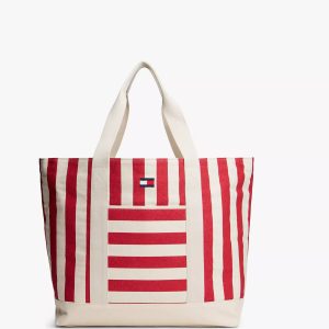 Men Nautical Stripe Canvas Tote Bag-Natural/Medium Red