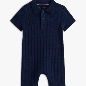 Babies' Cable Knit Polo Shortall-Carbon Navy