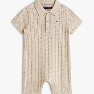 Babies' Cable Knit Polo Shortall-Beige Heather