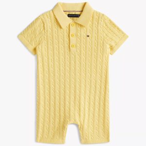 Babies' Cable Knit Polo Shortall-Sunshine