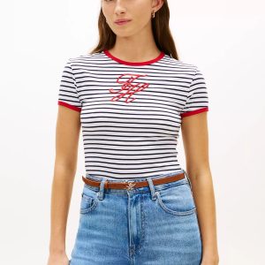 Script Monogram Striped Ringer T-Shirt-Optic White
