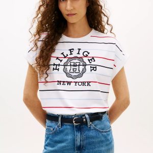Arch Logo Striped Dolman Sleeve T-Shirt-Optic White