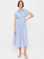 Pintuck-Waist Midi Shirt Dress-White & Blue Stripe