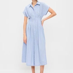 Pintuck-Waist Midi Shirt Dress-White & Blue Stripe