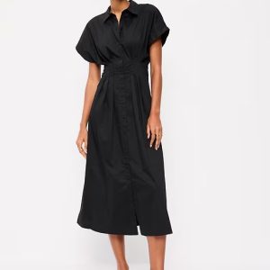 Pintuck-Waist Midi Shirt Dress-Black Jack