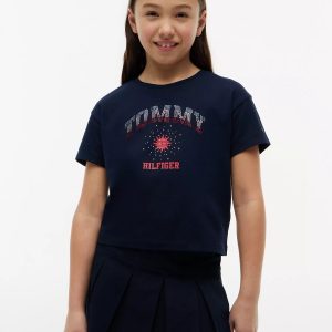 Kids' Rhinestone Tommy Logo T-Shirt-Dark Night Navy