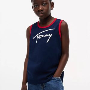 Kids' Script Tommy Logo Tank Top-Carbon Navy