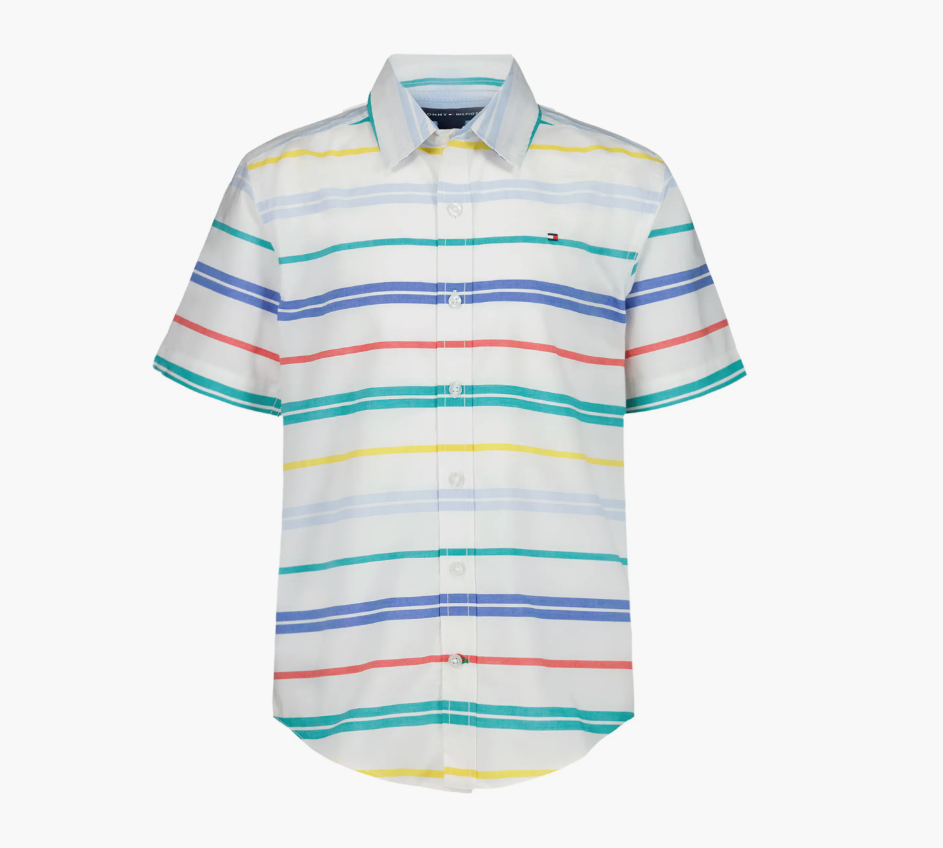 Kids' Multi Bar Stripe Short Sleeve Button-Fresh White