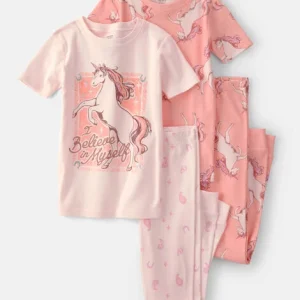 Girls Unicorn 100% Cotton Snug Fit 4-Piece Pajama Set - Pink