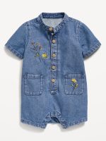Embroidered Chambray One-Piece Romper for Baby- Chambray Blue Floral