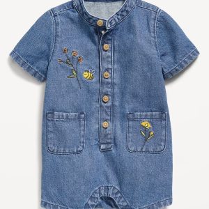 Embroidered Chambray One-Piece Romper for Baby- Chambray Blue Floral