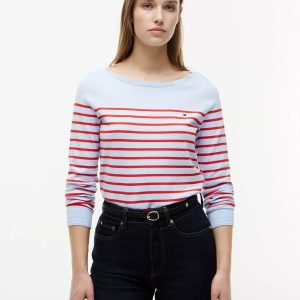Striped Boatneck Sweater-Sweet Blue