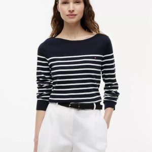Striped Boatneck Sweater-Navy