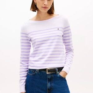 Striped Boatneck Sweater-Lilac Sprig