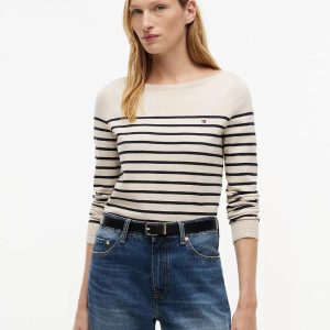 Striped Boatneck Sweater-Beige Heather