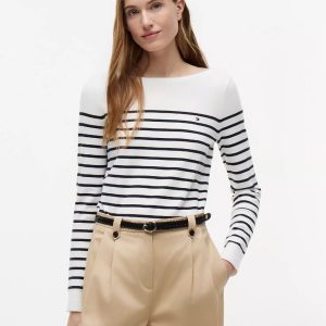 Striped Boatneck Sweater-Ecru