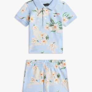 Babies' Floral Print Polo & Short Set-Sweet Blue