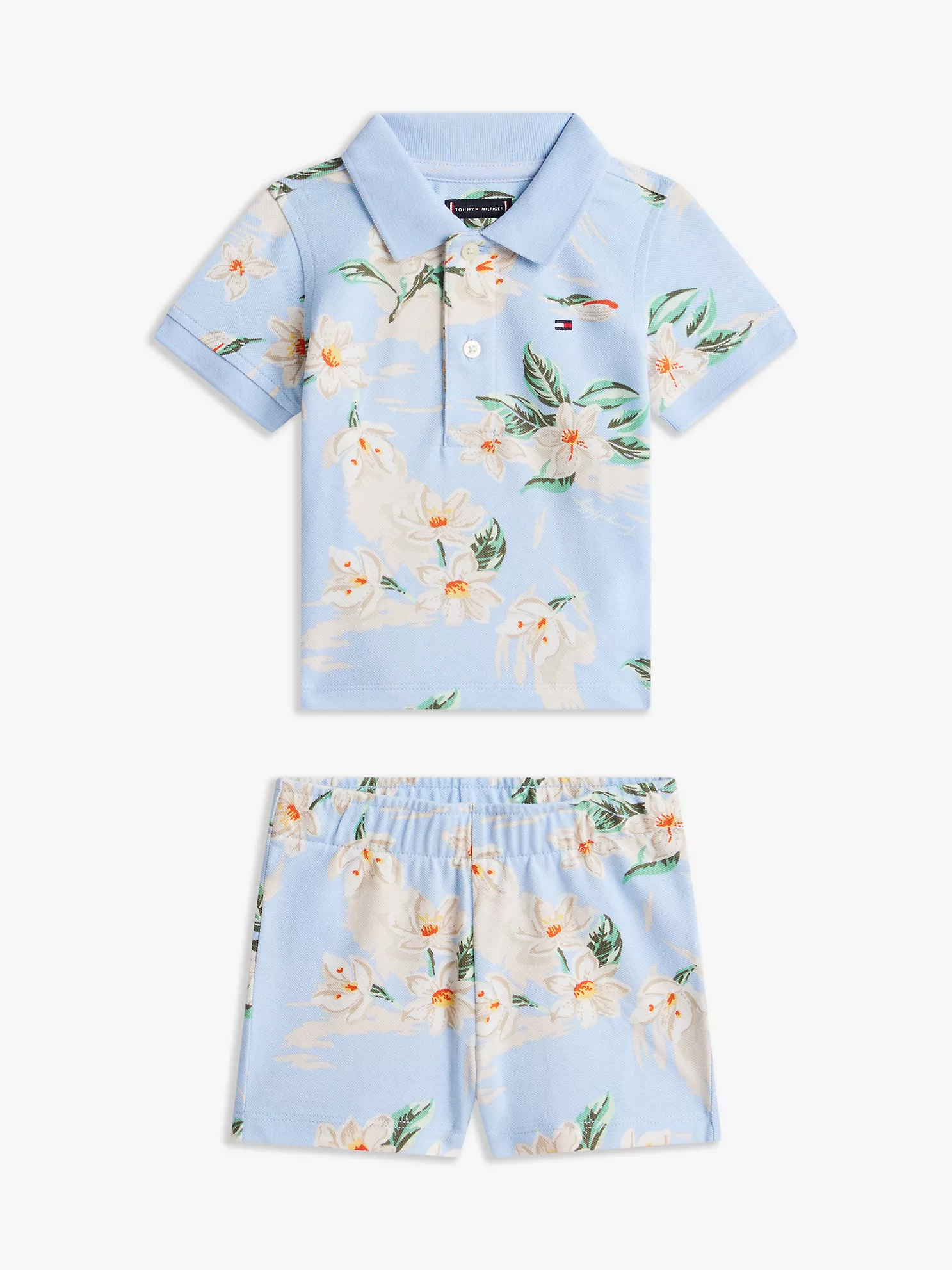 Babies' Floral Print Polo & Short Set-Sweet Blue