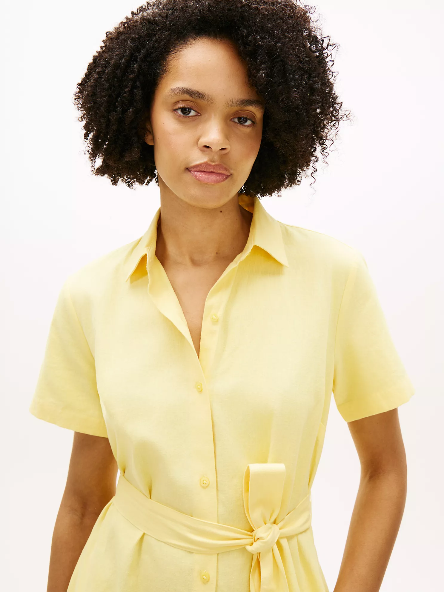 Belted Linen-Cotton Blend Shirtdress-Citronella - Image 5