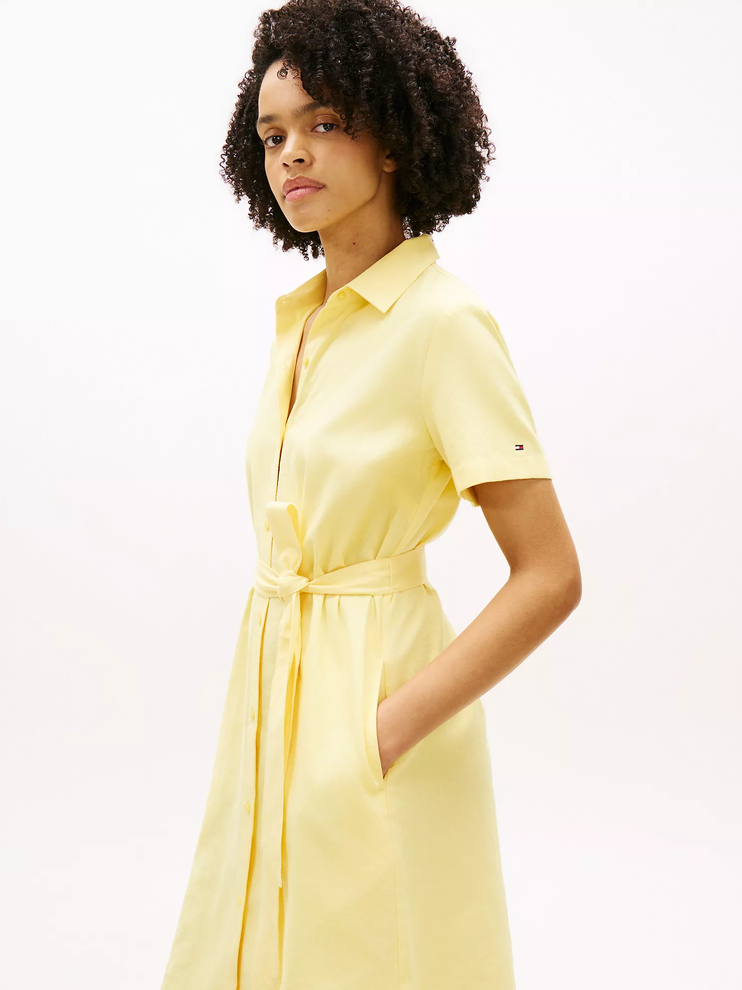 Belted Linen-Cotton Blend Shirtdress-Citronella - Image 4