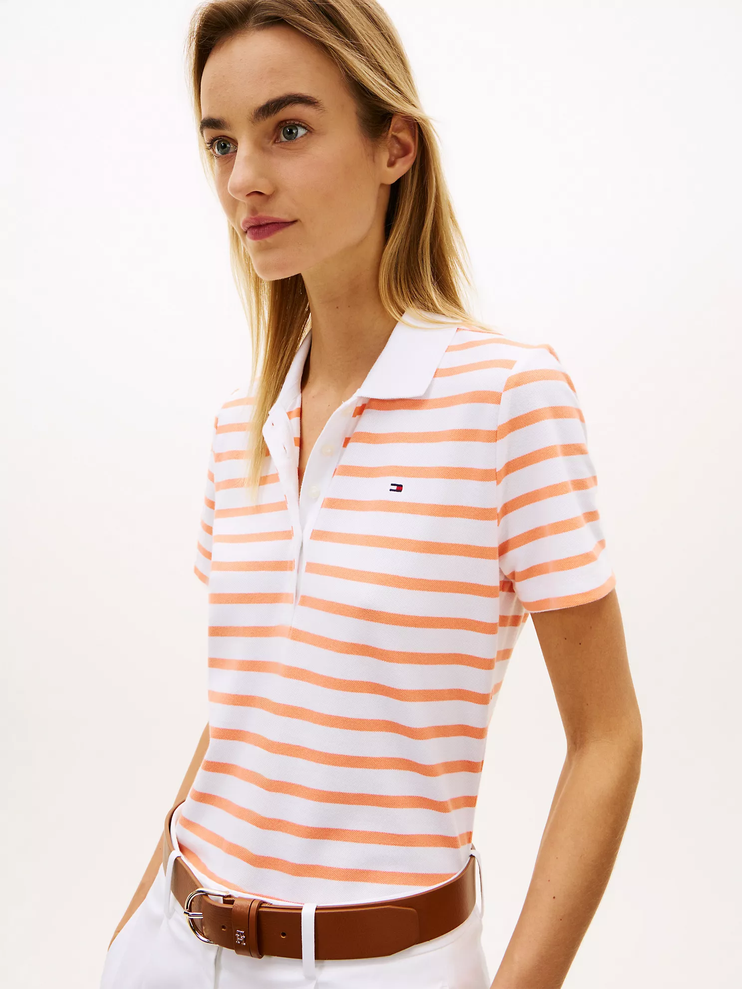 Classic Fit Striped Stretch Pique Polo-White/Nectarine Stripe - Image 2