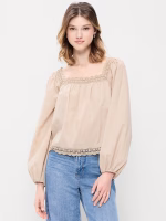 Long-Sleeve Lace Trim Top-Mocha Taffy