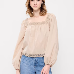 Long-Sleeve Lace Trim Top-Mocha Taffy